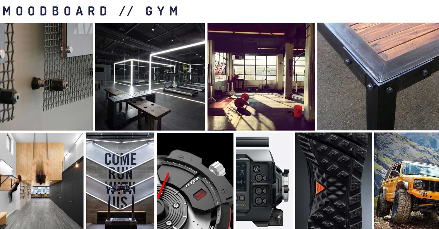 Moodboard showing the second design theme: Gym