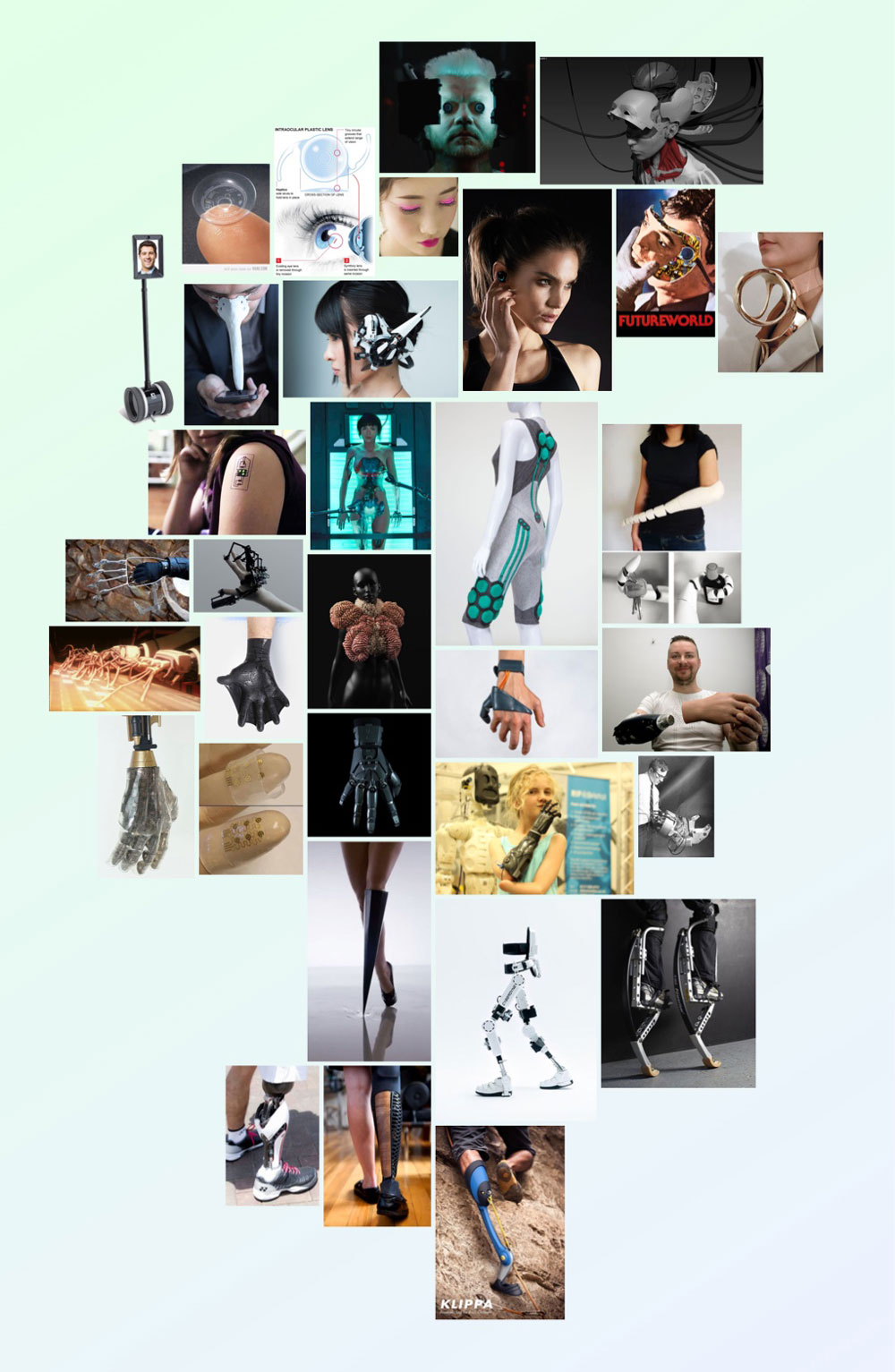 A moodboard showing the various aspects of human augmentation I was interested in