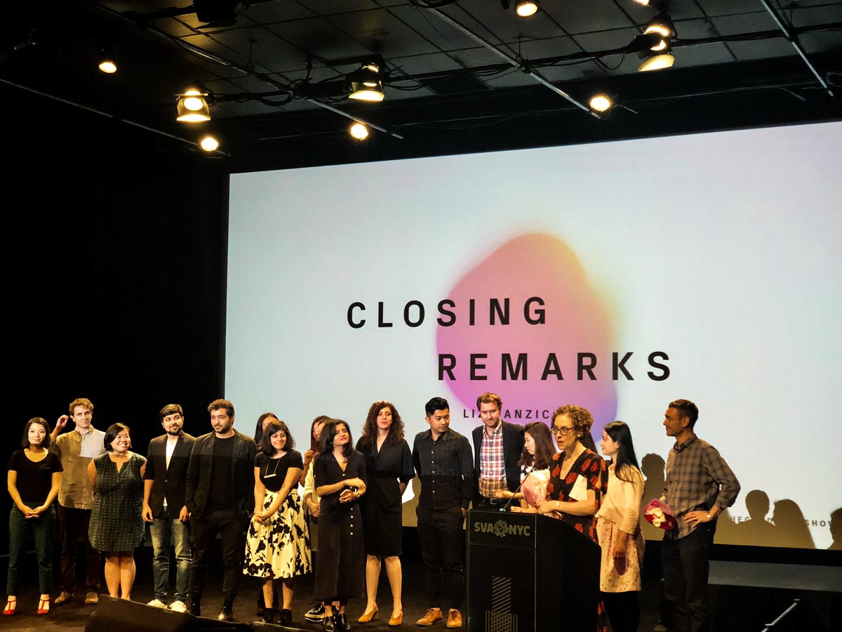 Blobby in the background as Liz Danzico, the MFA IxD chair, delivers closing remarks during our thesis festival.