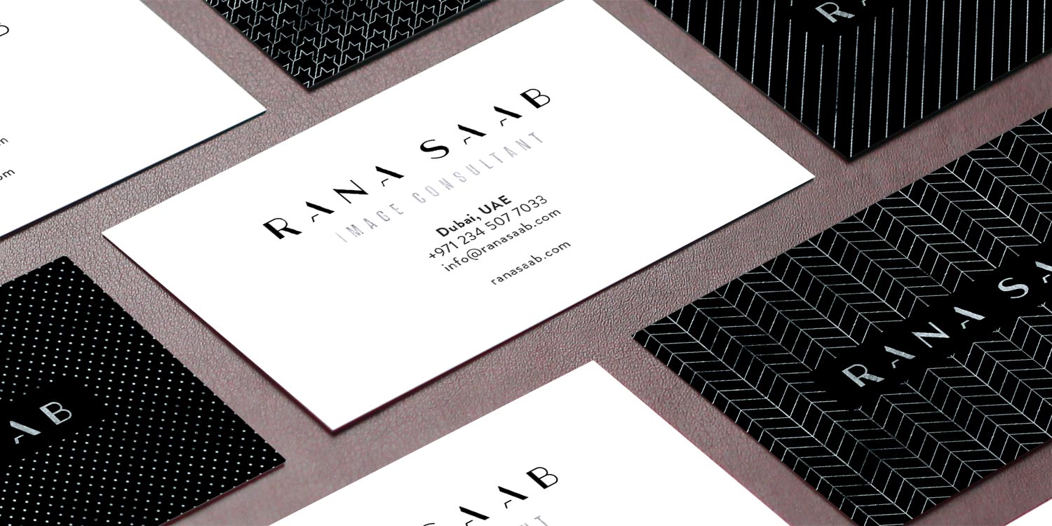 Mockup of business cards with Rana Saab branding